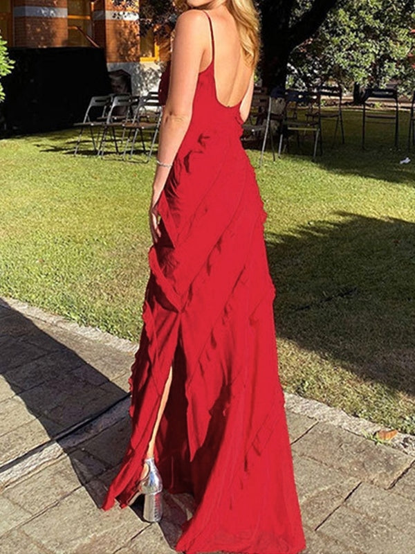 Red Vintage Halter Backless Slit Ruffle Maxi Dress