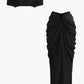 V Neck Gathered Top &amp; V Shaped Waist Cut Maxi Skirt Set