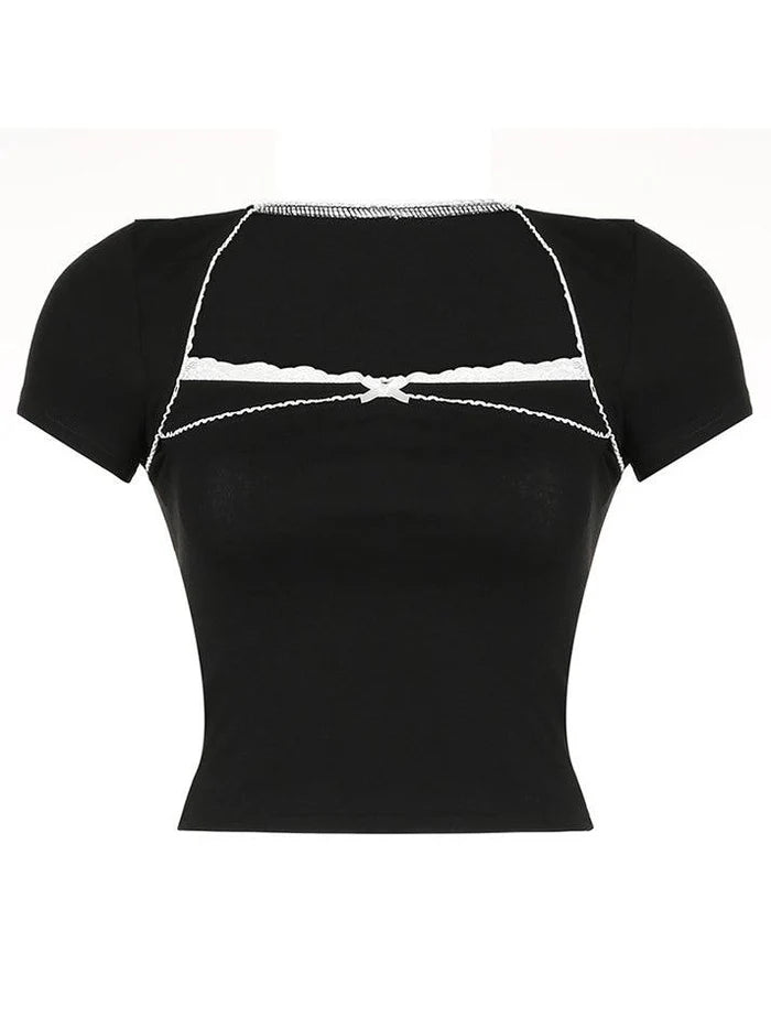 Black Gothic Lace Trim Bow Top with Square Neckline