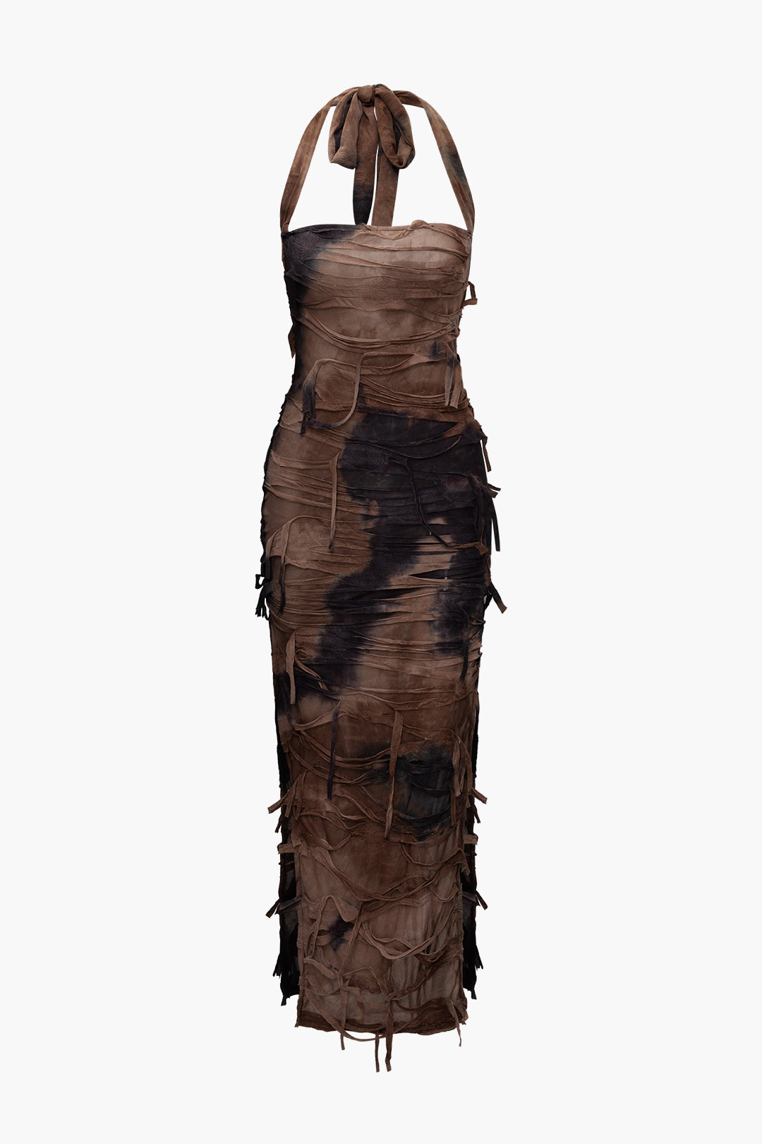 Vintage Tie Dye Distressed Mesh Maxi Dress with Slit