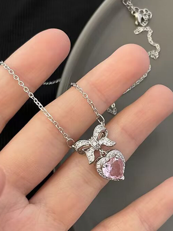 Pink Y2K Glitter Bow Heart Pendant Necklace