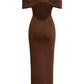 Brown Twisted Backless Off Shoulder Maxi Dress