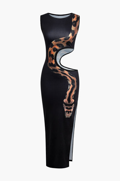 Black Snake Print Cut Out Sleeveless Maxi Dress with Slit