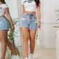 Ripped Raw Hem Denim Shorts with Washed