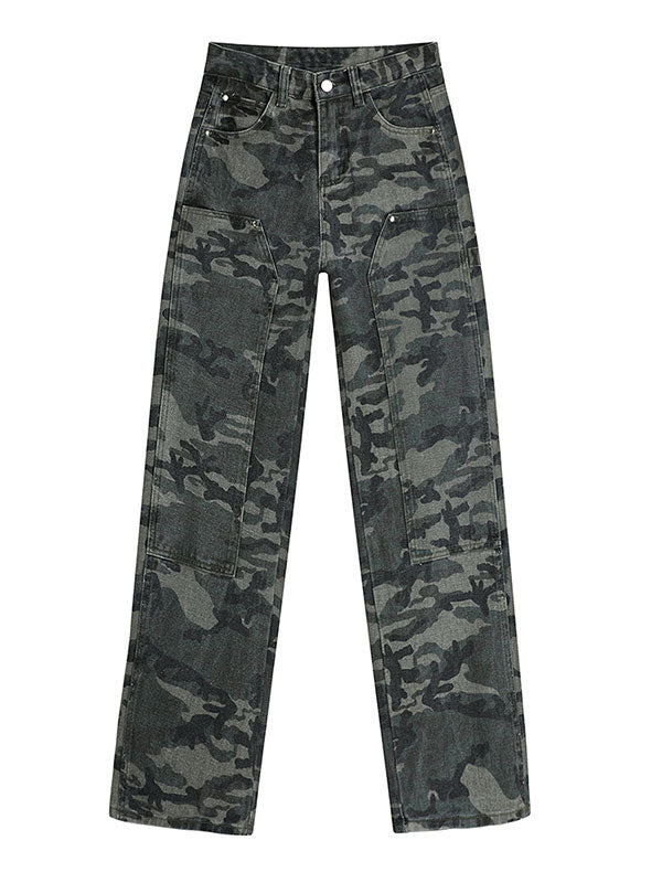 Green camouflage cargo jeans with a wash effect