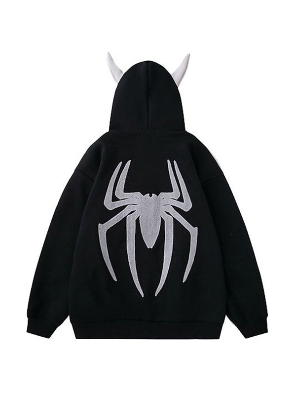 Vintage Multicolor Street Spider Embroidered Devil Style Oversized Hoodie 