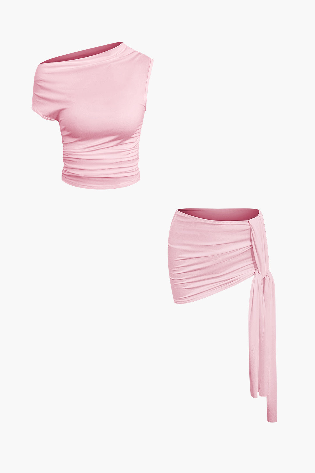 Asymmetrical Ruched Crop Top &amp; Bow Mini Skirt Set