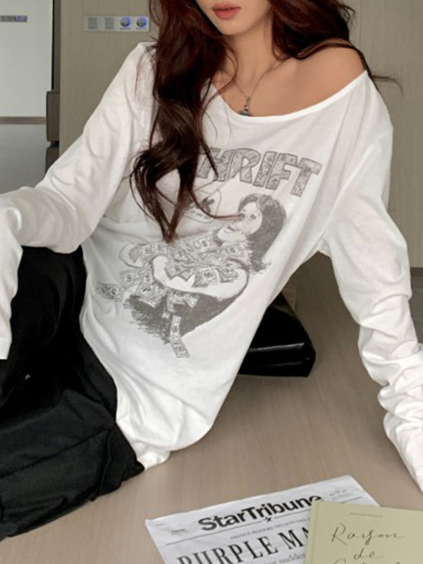 2000s white oversized long sleeve shirt with portrait print