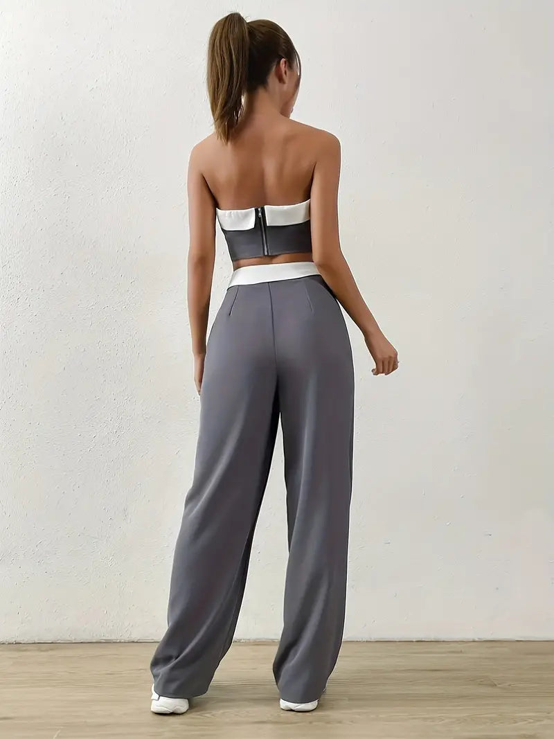 Contrast Color Vintage Off Shoulder Bandeau Top &amp; Pants Two Piece Set 