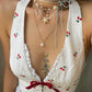 JY White Sweet Ruffled Cherry Embroidery Halter Neck Top