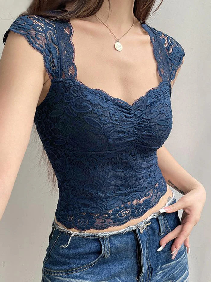 Navy Blue Vintage Lace Slim Short Sleeve Top