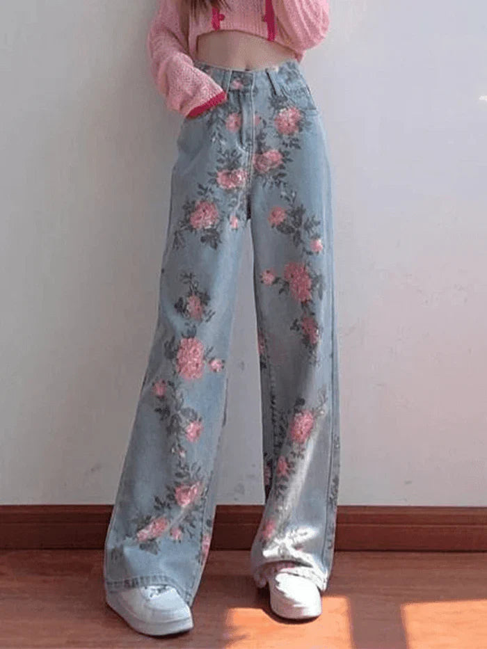 Y2K High Waisted Floral Boyfriend Jeans