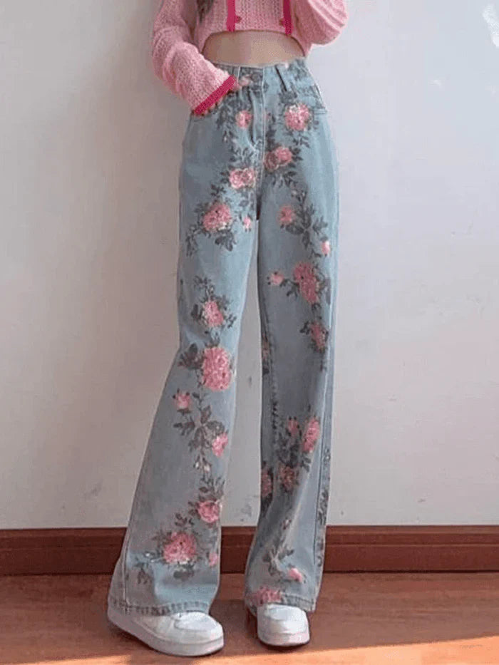 Y2K High Waisted Floral Boyfriend Jeans