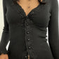 Vintage Black Knit Top with Front Buttons and Lace