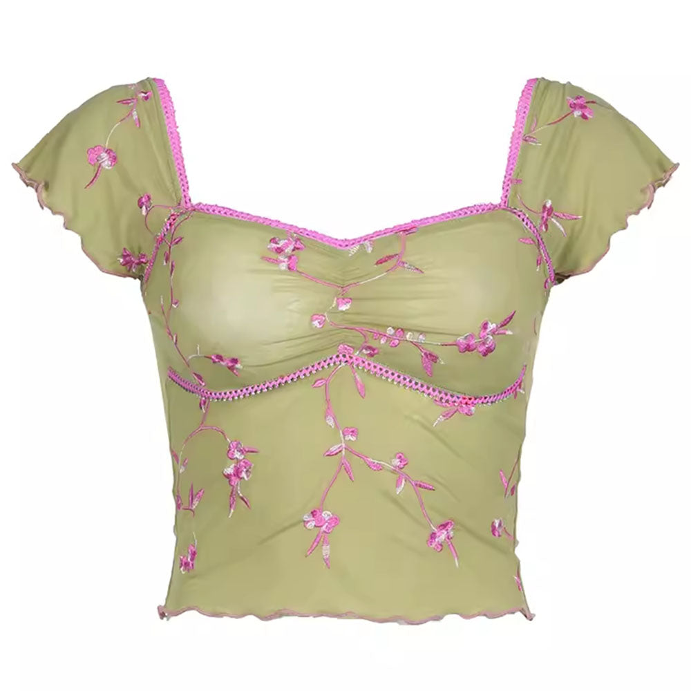 Green French Summer Floral Print Crop Top