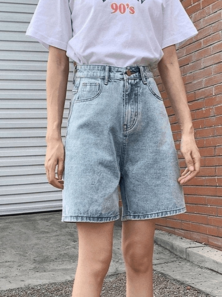 Blue Retro Denim High Waist Shorts with Straight Leg