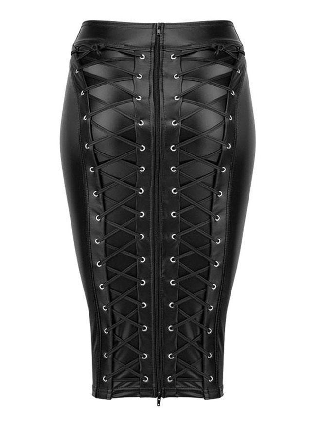 Black gothic faux leather wrap midi skirt with lacing and back zip