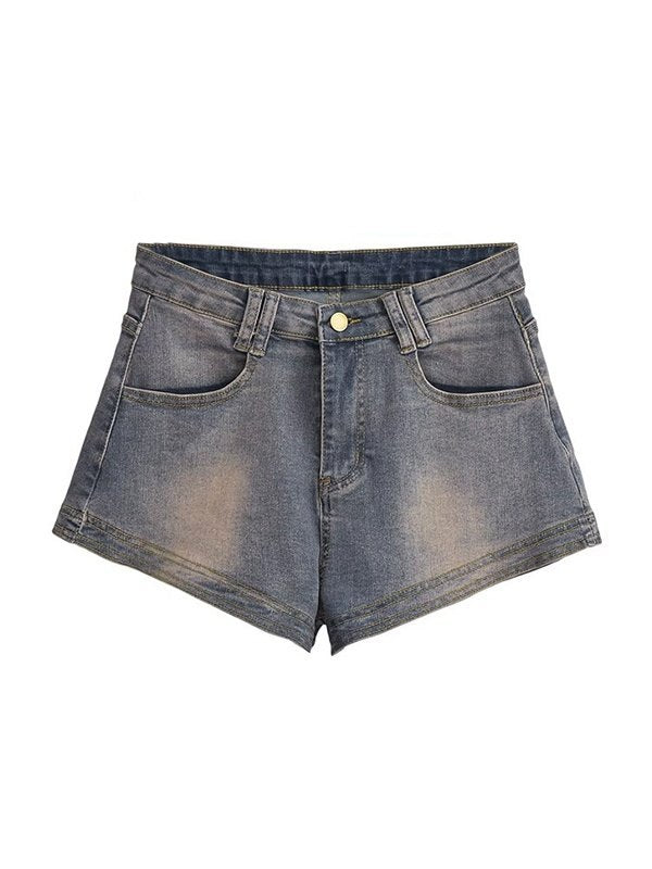 Blue vintage distressed denim shorts with washed effect