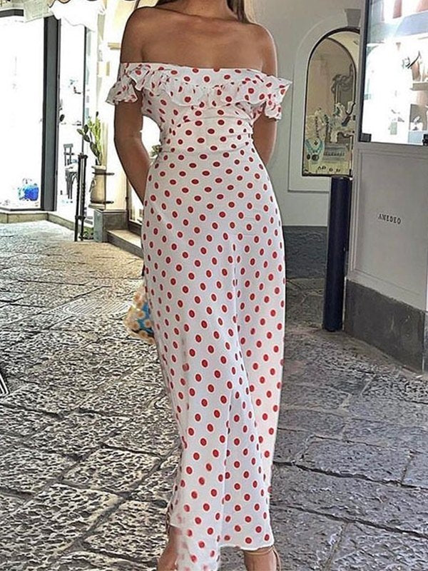 Off Shoulder Flounce Polka Dot Dress