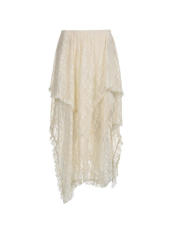 Apricot Y2K Irregular Lace Ruffle Skirt