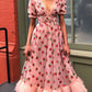 Pink Vintage Style Sequin Strawberry Mesh Pleated Maxi Dress