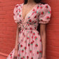 Pink Vintage Style Sequin Strawberry Mesh Pleated Maxi Dress