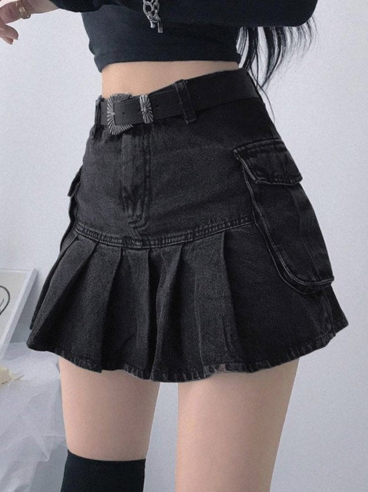 Pleated denim cargo mini skirt with pocket