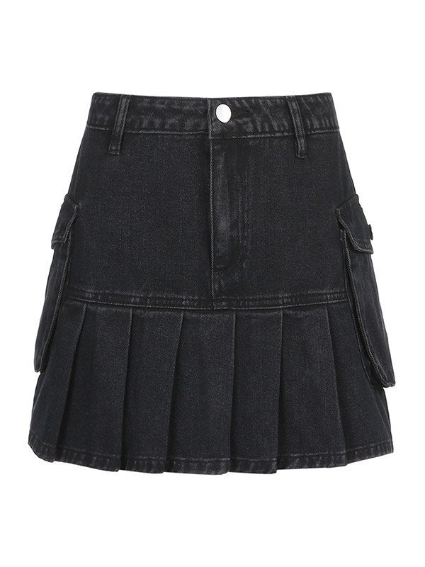 Pleated denim cargo mini skirt with pocket