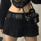 Black punk pleated mini skirt with skull belt