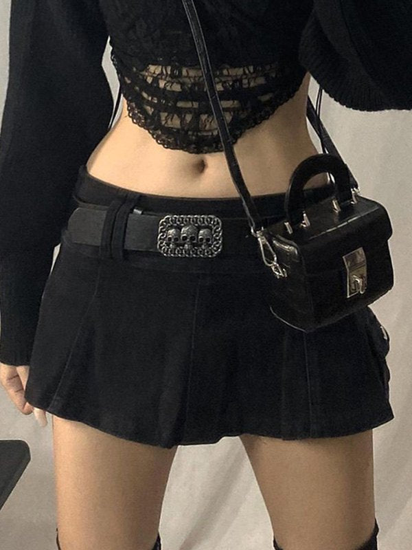 Black punk pleated mini skirt with skull belt