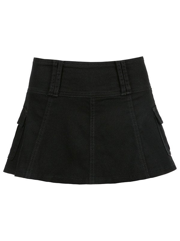 Black punk pleated mini skirt with skull belt