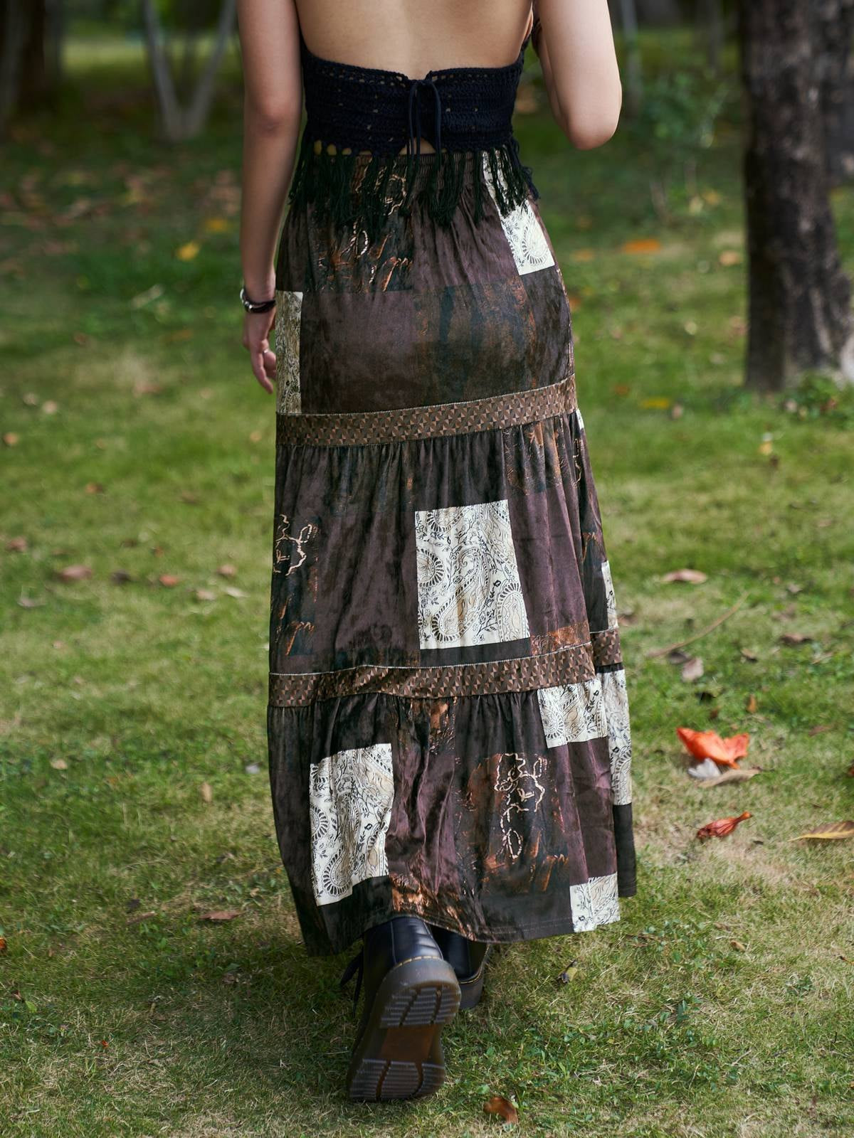 Brown vintage patchwork maxi skirt made of printed velvet