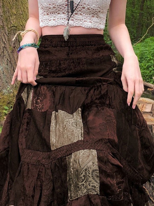 Brown vintage patchwork maxi skirt made of printed velvet