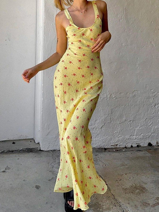 Yellow Cute Summer Maxi Dress with Floral Print