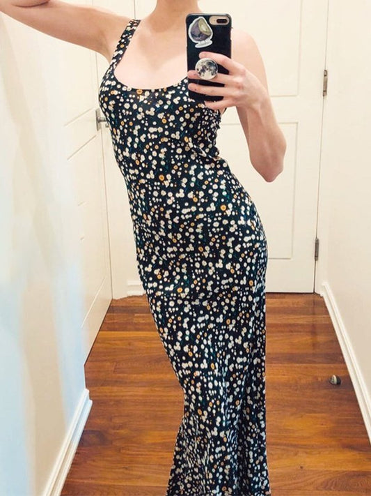 Black vintage summer maxi dress with floral print