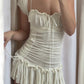 Apricot colored vintage lace dress with ruffles and lacing at the neck