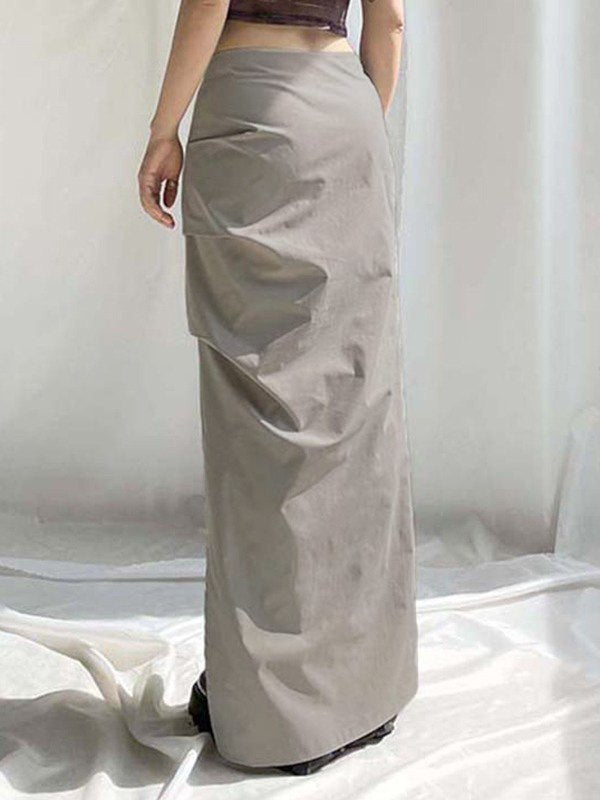 Grey Y2K Ruched Split Long Skirt