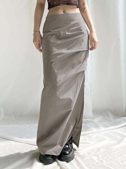 Grey Y2K Ruched Split Long Skirt