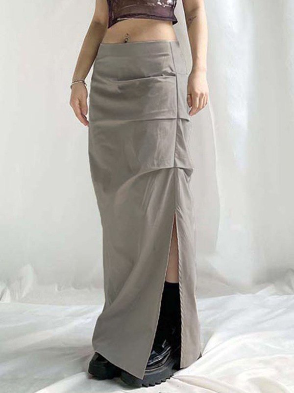 Grey Y2K Ruched Split Long Skirt