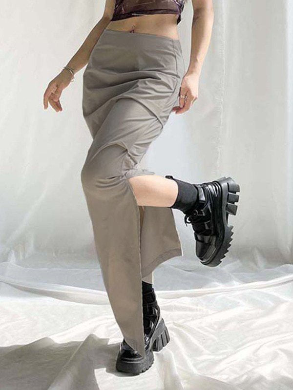 Grey Y2K Ruched Split Long Skirt