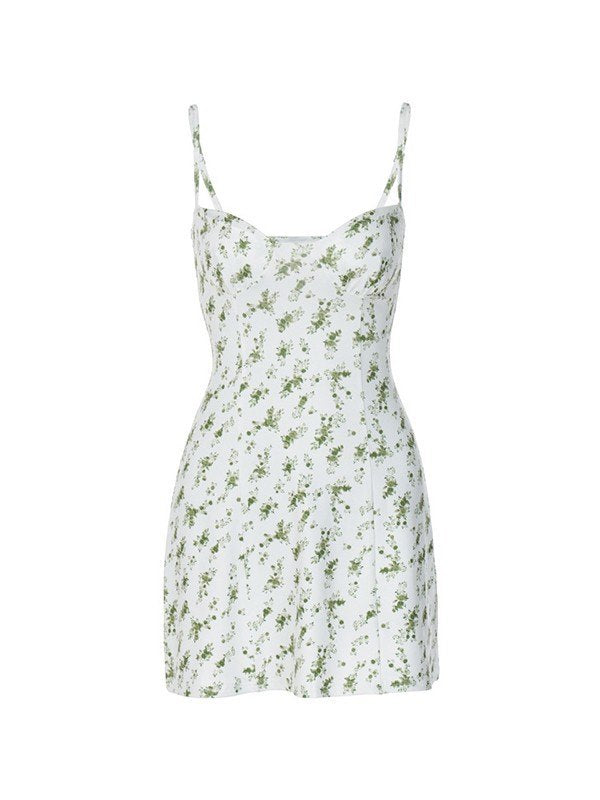 Green French Y2K Floral Print Slim Mini Dress