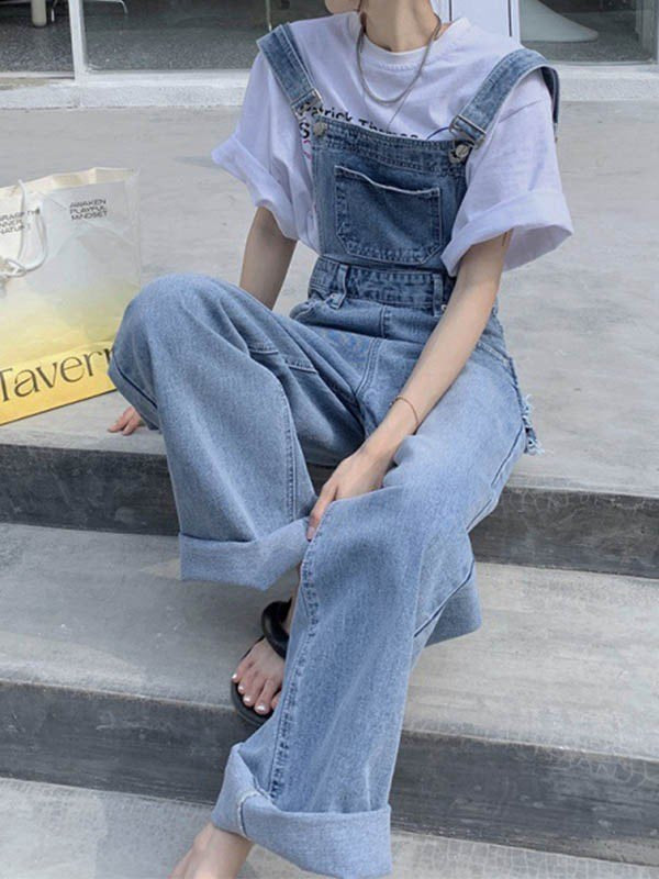 Blue Vintage Washed Denim Dungarees with Faded Details