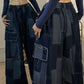 Blue vintage cargo pants with wide cut and checked pattern