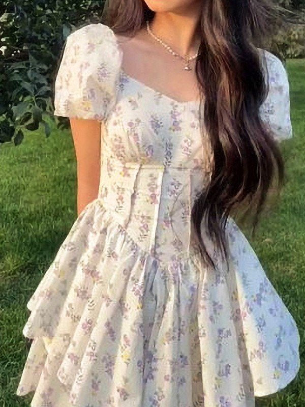 French Floral Print Corset Slim Mini Dress with Puff Sleeves