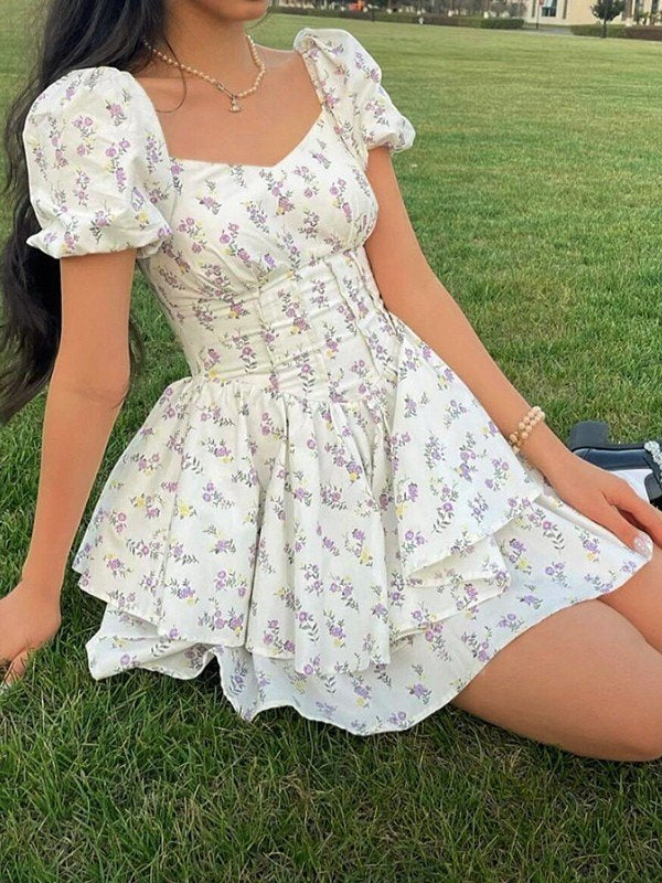 French Floral Print Corset Slim Mini Dress with Puff Sleeves