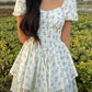 French Floral Print Corset Slim Mini Dress with Puff Sleeves