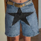 Skinny denim shorts with a five-pointed star