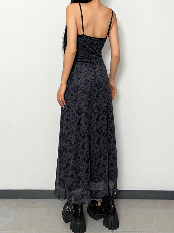 Black vintage maxi dress with generous neckline and slim fit