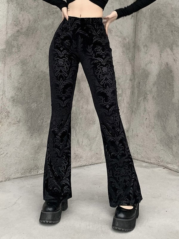 Black vintage flared trousers with embossed velvet and flared legs