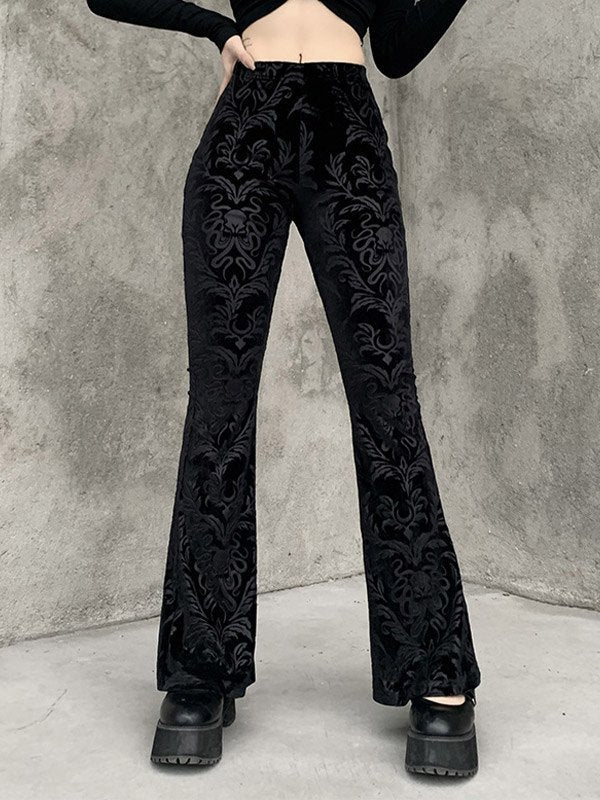 Black vintage flared trousers with embossed velvet and flared legs